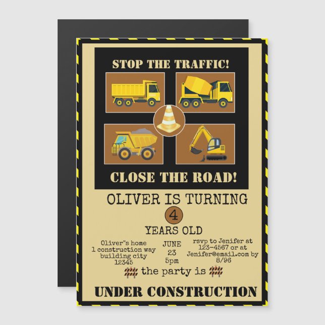 Bautransporter | Boys Themed Birthday Party Magneteinladung (Vorne/Hinten)