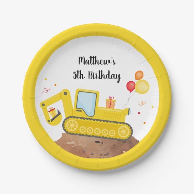 Bauwagen Digger Boy Birthday Pappteller (Vorderseite)