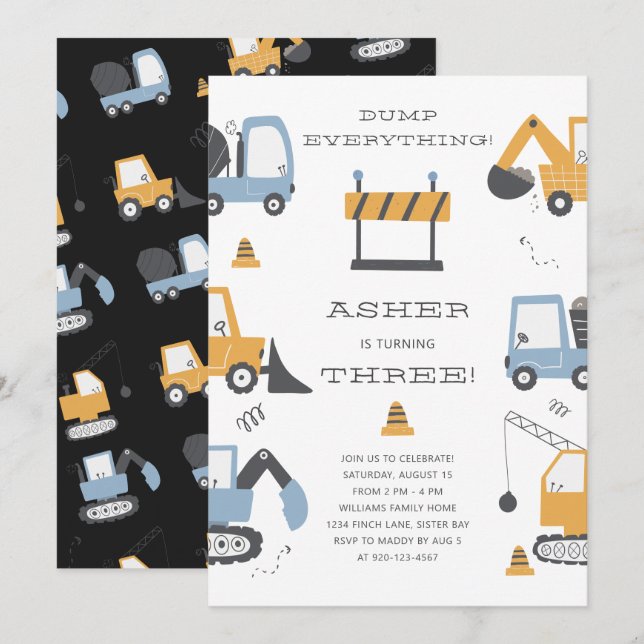 Bauwagen Dump Alles Geburtstagsparty Einladung (Vorne/Hinten)