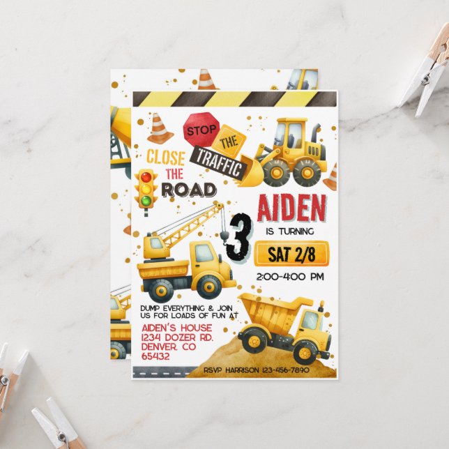 Bauwagen Einladung zum Geburtstag (Vorderseite/Rückseite Beispiel)