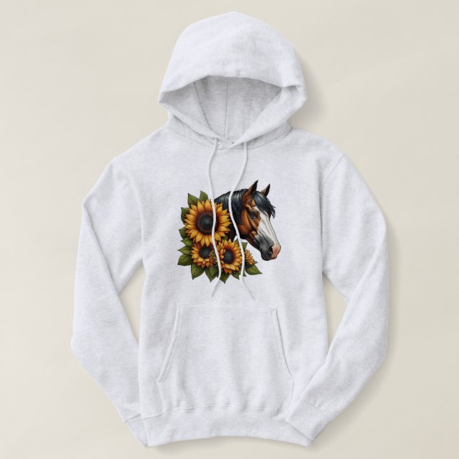 Bay Bald Gesicht Paint Horse mit Sonnenblumen Hoodie (Design vorne)