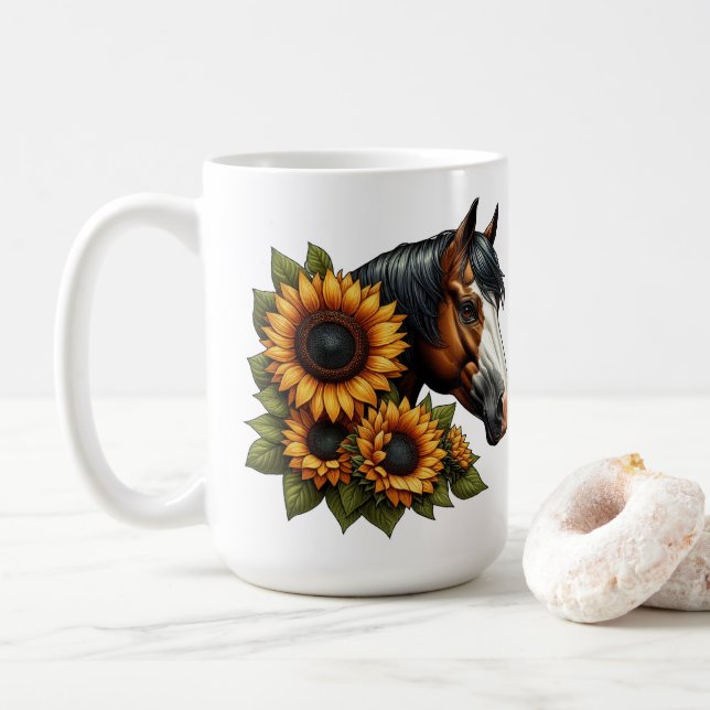 Bay Bald Gesicht Paint Horse mit Sonnenblumen Kaffeetasse (Mit Donut)