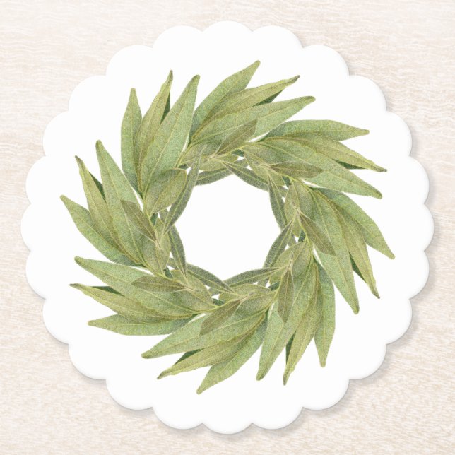 BAY BLÄTTER WREATH Scalloped Round Paper Untersetz Untersetzer (Vorderseite)