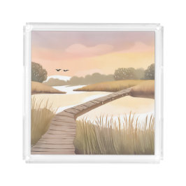 Bay Boardwalk | Luftige Küsten-Wasserfarbenmalerei Acryl Tablett