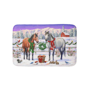 Bay & Dapple Gray Pferde in Schnee Weihnachtsfarm Badematte