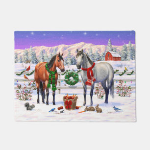 Bay & Dapple Gray Pferde in Schnee Weihnachtsfarm Fußmatte