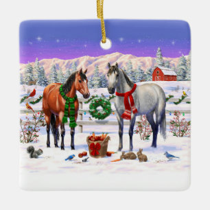 Bay & Dapple Gray Pferde in Schnee Weihnachtsfarm Keramikornament