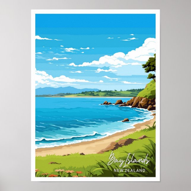 Bay Islands Neuseeland Reiseillustrierung Poster (Vorne)