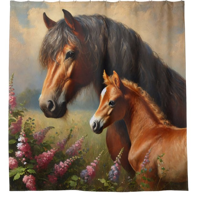 Bay Mare mit Foal-Wildblumen Duschvorhang (Vorderseite)