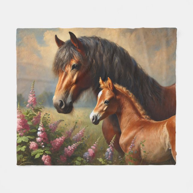 Bay Mare mit Foal-Wildblumen Fleecedecke (Vorderseite (Horizontal))