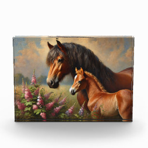 Bay Mare mit Foal-Wildblumen Fotoblock