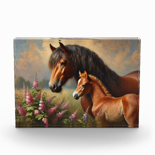 Bay Mare mit Foal-Wildblumen Fotoblock (Vorderseite)