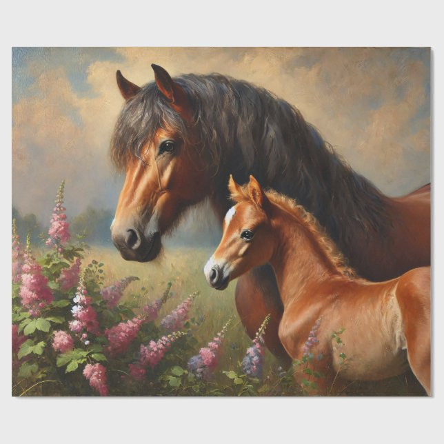 Bay Mare mit Foal-Wildblumen Geschenkpapier (Flach)