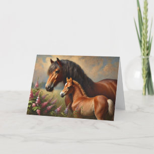 Bay Mare mit Foal-Wildblumen Karte