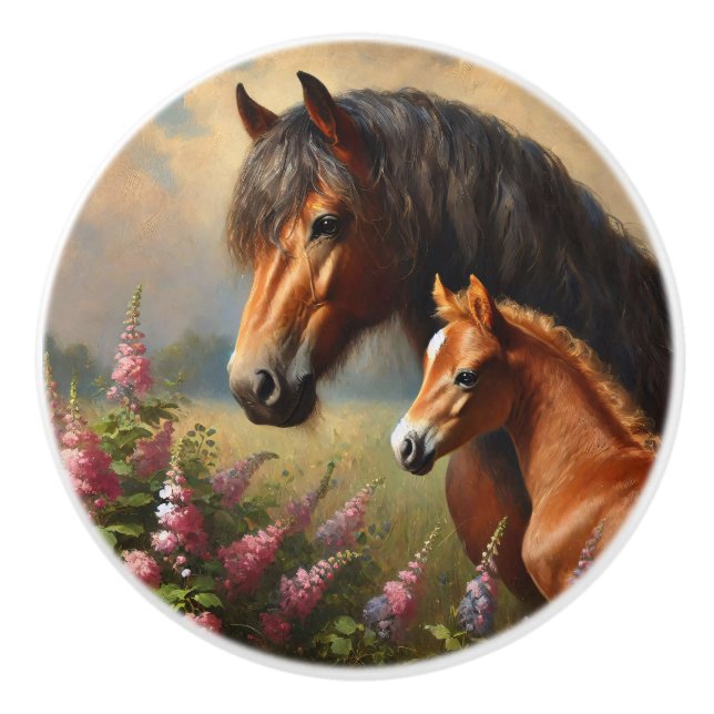 Bay Mare mit Foal-Wildblumen Keramikknauf (Vorderseite)