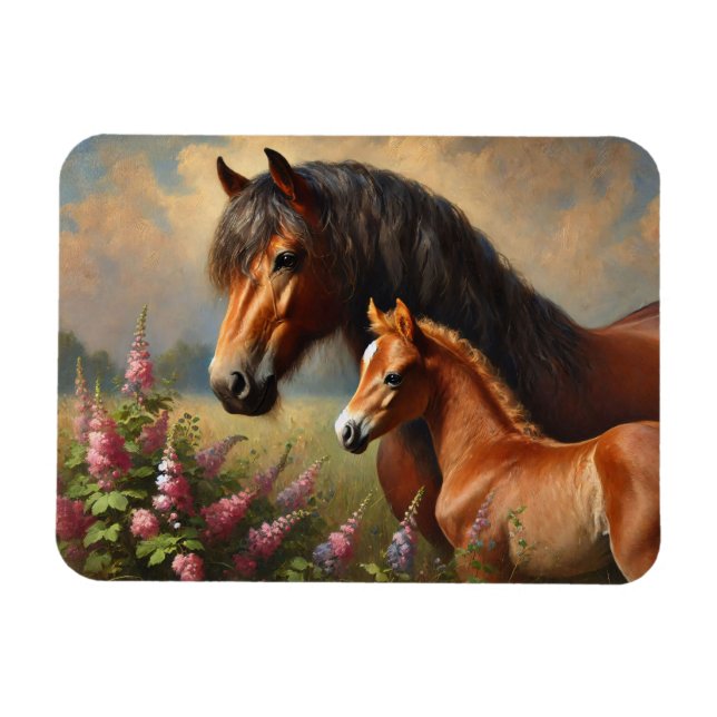 Bay Mare mit Foal-Wildblumen Magnet (Horizontal)