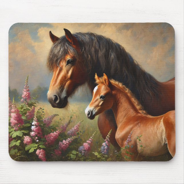 Bay Mare mit Foal-Wildblumen Mousepad (Vorne)