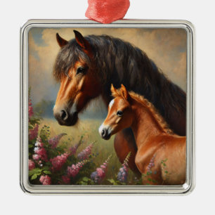 Bay Mare mit Foal-Wildblumen Ornament Aus Metall