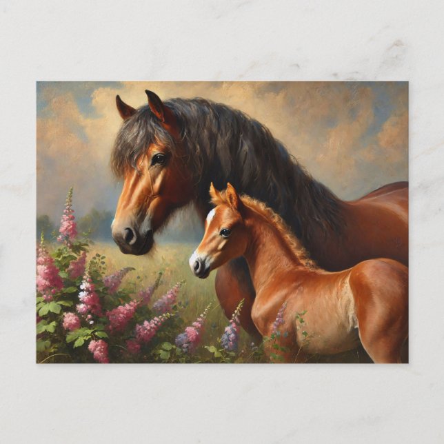 Bay Mare mit Foal-Wildblumen Postkarte (Vorderseite)