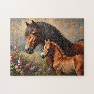 Bay Mare mit Foal-Wildblumen Puzzle