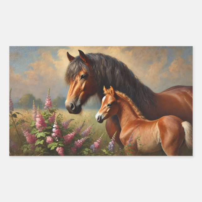 Bay Mare mit Foal-Wildblumen Rechteckiger Aufkleber (Vorderseite)