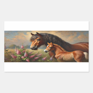 Bay Mare mit Foal-Wildblumen Rechteckiger Aufkleber