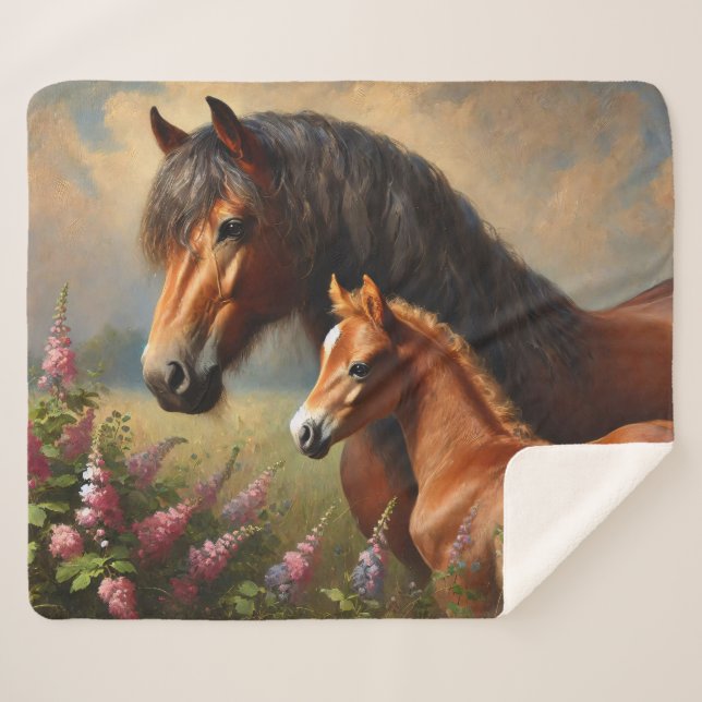 Bay Mare mit Foal-Wildblumen Sherpadecke (Vorderseite (Horizontal))