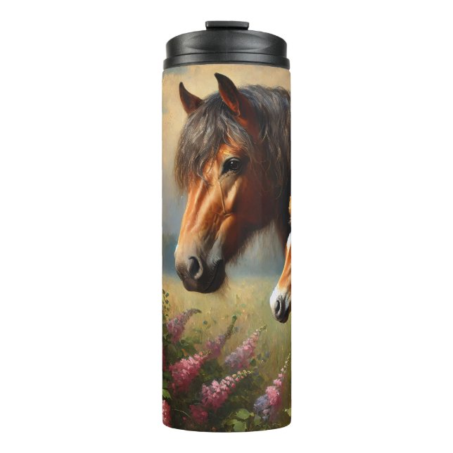 Bay Mare mit Foal-Wildblumen Thermosbecher (Vorderseite)