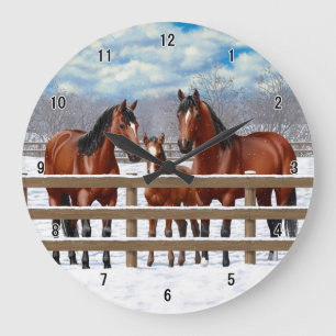 Bay Quarter Horses In Snow Große Wanduhr
