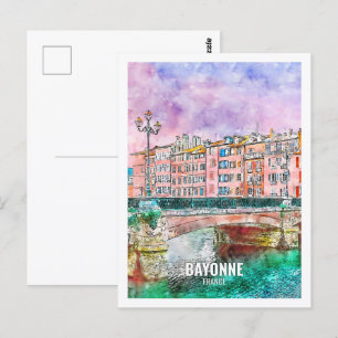 Bayonne Frankreich Berühmter Platz Watercolor Postkarte