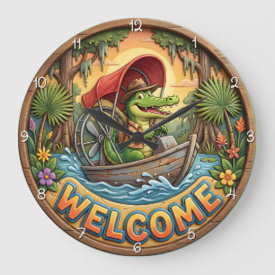 Bayou Welcome Airboat Gator Große Wanduhr