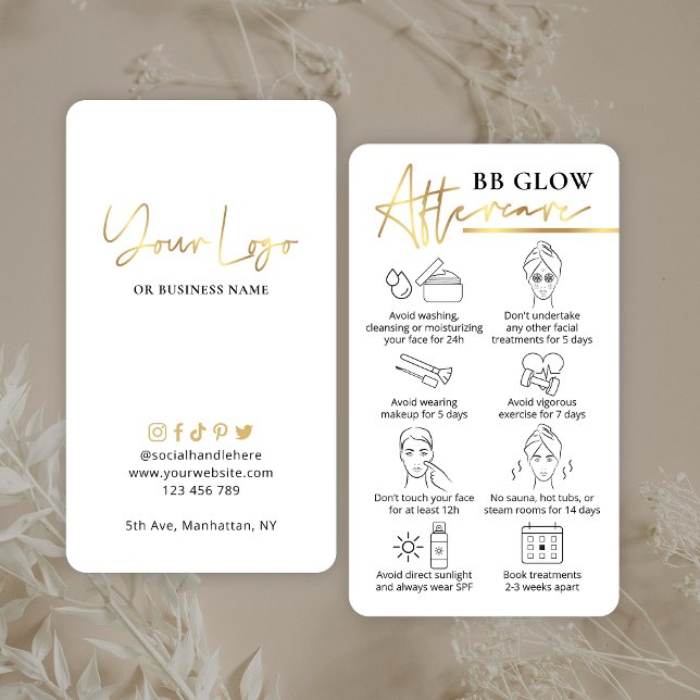 BB glatte Gesicht nach Betreuungsanleitung Weiß &  Visitenkarte (Elegant BB Glow Facial aftercare cards with faux gold effects & space for your logo)