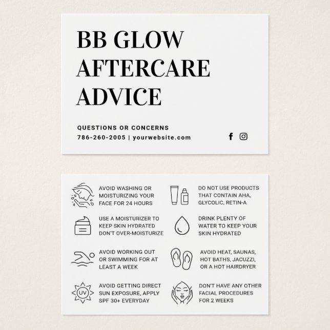 BB Glow Facial Aftercare Instruction Card (Vorne & Hinten)