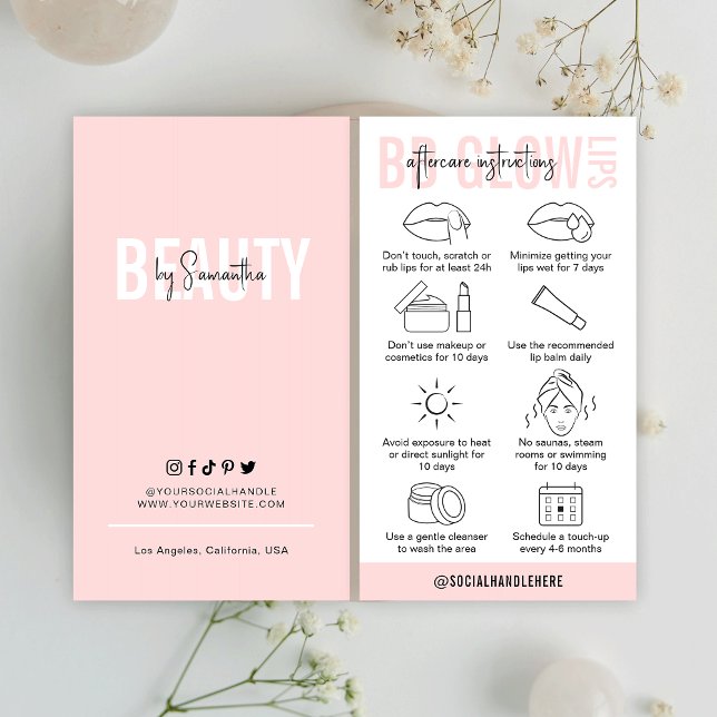 BB Glow Lips nach Pflegeanweisungen Rosa Salon Visitenkarte (Feminine BB Glow Lips Aftercare Instructions cards with icons and fully editable text and colors)