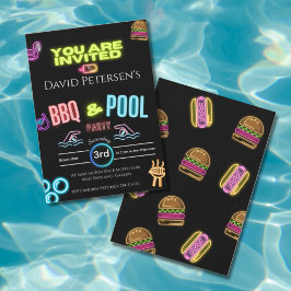 BBQ and Pool Party Neon Birthday Invitation Einladung