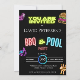 BBQ and Pool Party Neon Birthday Invitation Einladung