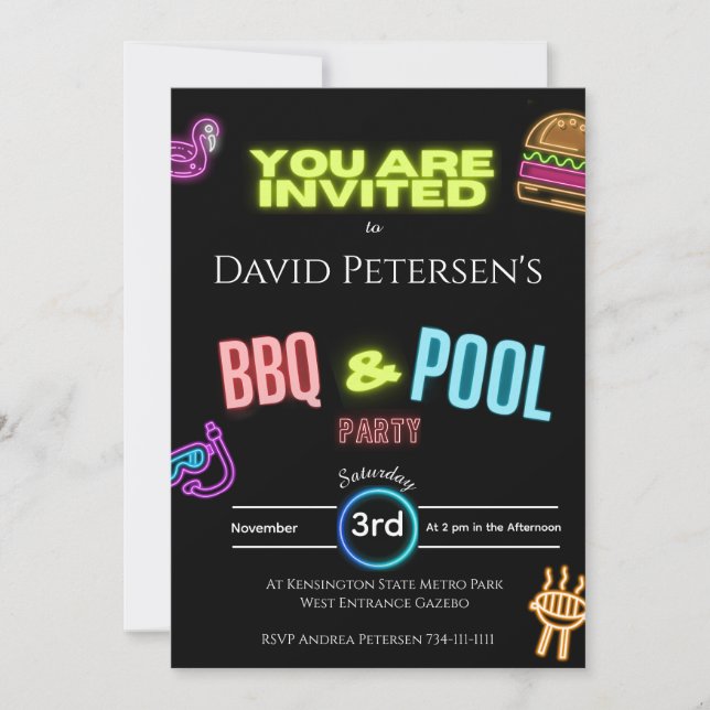 BBQ and Pool Party Neon Birthday Invitation Einladung (Vorderseite)