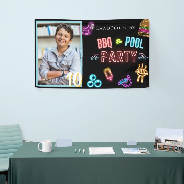 BBQ and Pool Party Neon Photo Birthday  Banner (Messeveranstaltung)