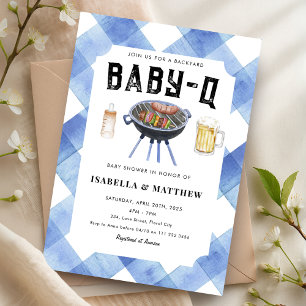 BBQ-Baby-Party-Einladung Blau Gingham Baby-Q Einladung