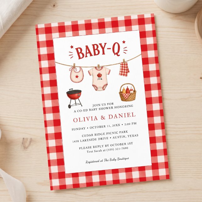 BBQ-Baby-Shower Rustikal Rot Kariert Einladung (Bbq Baby Shower Rustic Red Gingham Invitation)
