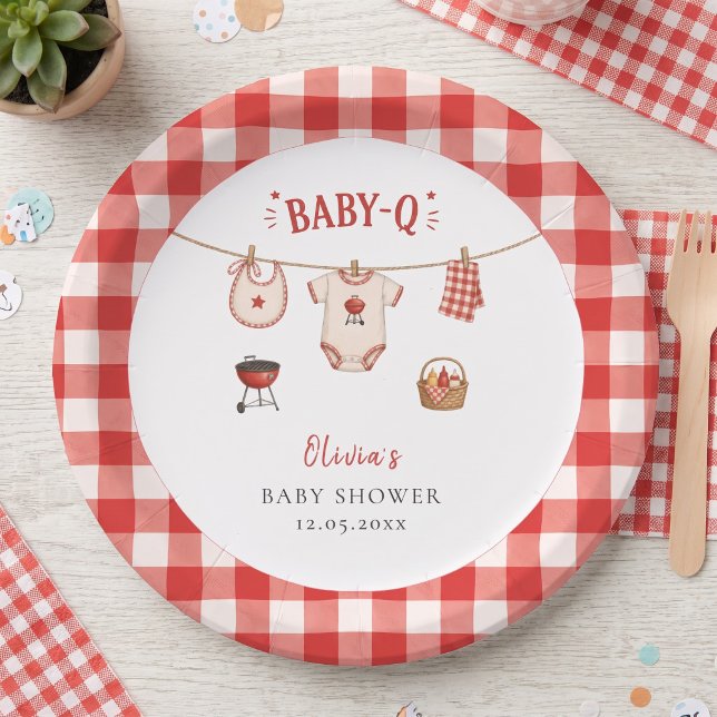 BBQ-Baby-Shower Rustikal Rot Kariert Pappteller (Bbq Baby Shower Rustic Red Gingham Paper Plates)