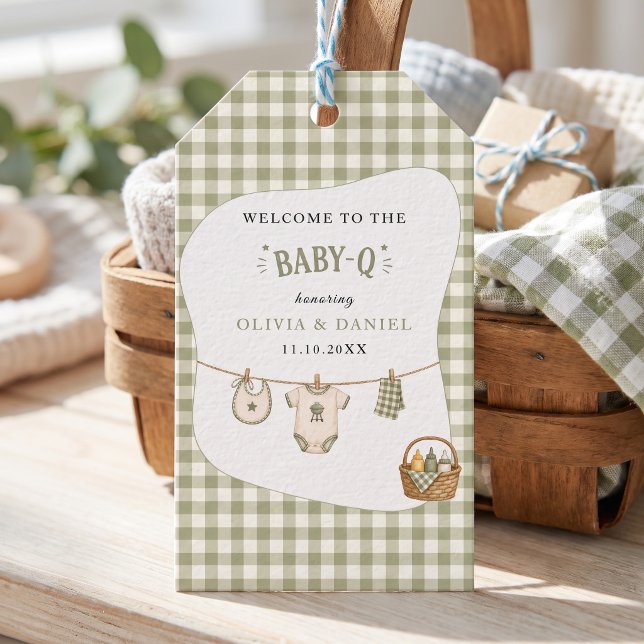 Bbq Baby Shower Sage Gingham Rustic Maßgeschneider Geschenkanhänger (Bbq Baby Shower Sage Gingham Rustic Custom Gift Tags)