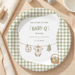 Bbq Baby Shower Sage Gingham Rustic Maßgeschneider Pappteller