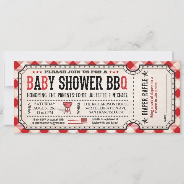 BBQ-Baby-Shower-Ticket-Windel-Raffle-Einladungen Einladung (Vorderseite)