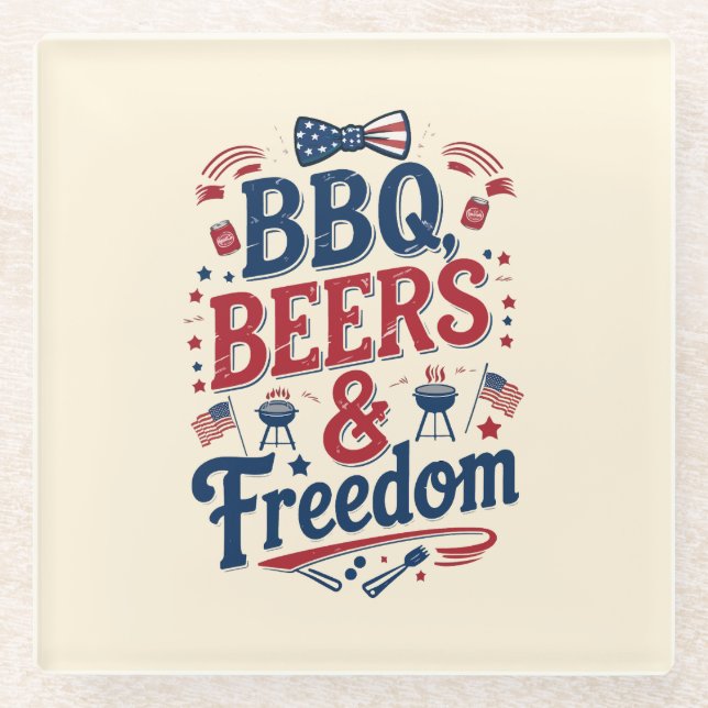 BBQ, Beers & Freedom – Retro 4th of July Vibes Glasuntersetzer (Vorderseite)
