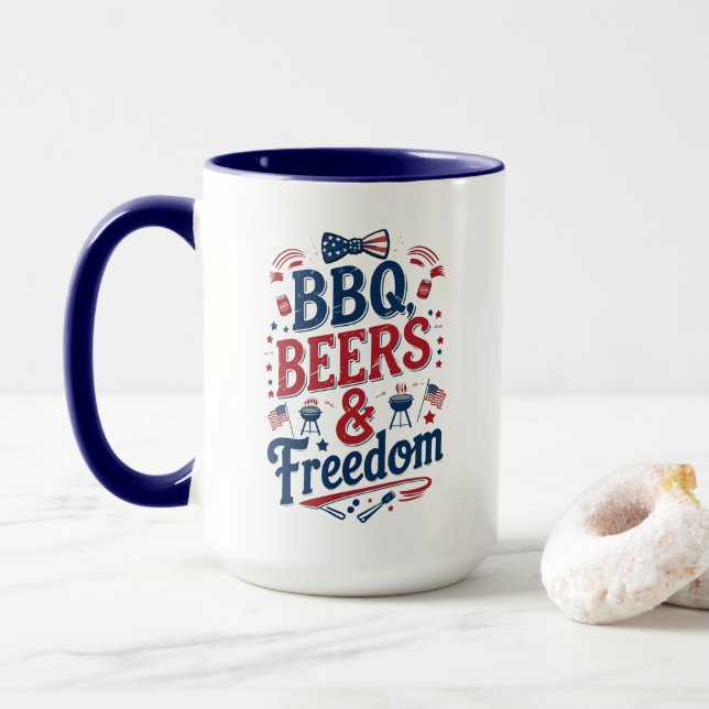 BBQ, Beers & Freedom – Retro 4th of July Vibes Tasse (Mit Donut)