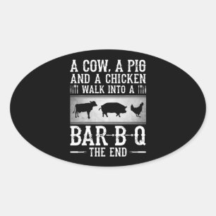 BBQ Eine Kuh, ein Schwein und ein Huhn laufen in Ovaler Aufkleber