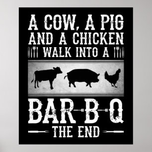 BBQ Eine Kuh, ein Schwein und ein Huhn laufen in Poster