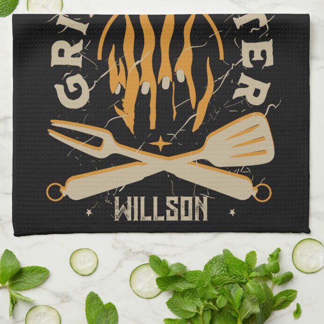 BBQ-Flamme Vintage-Grill-Typografie Geschirrtuch (Gefaltet)