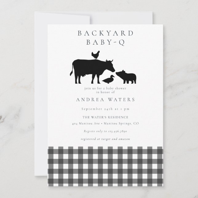 BBQ | Gingham Black | Rustikale Babydusche Einladung (Vorderseite)